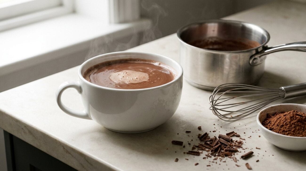 Mug of glossy homemade hot chocolate on a pale worktop with a saucepan, whisk, cocoa powder and chocolate shavings