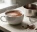 Mug of glossy homemade hot chocolate on a pale worktop with a saucepan, whisk, cocoa powder and chocolate shavings