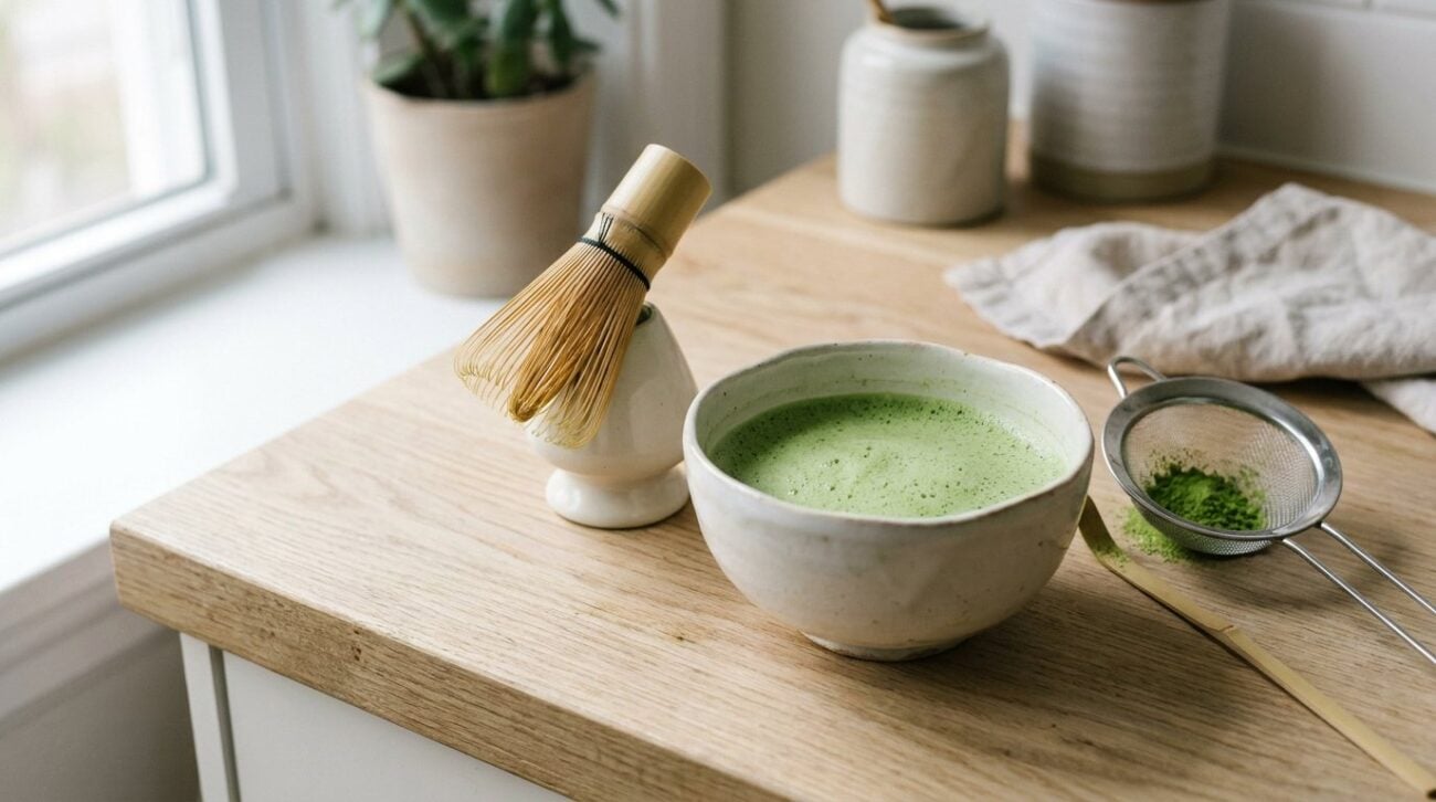 Matcha set on a pale wooden counter: ceramic bowl of frothy matcha, bamboo whisk on a stand, sieve and scoop
