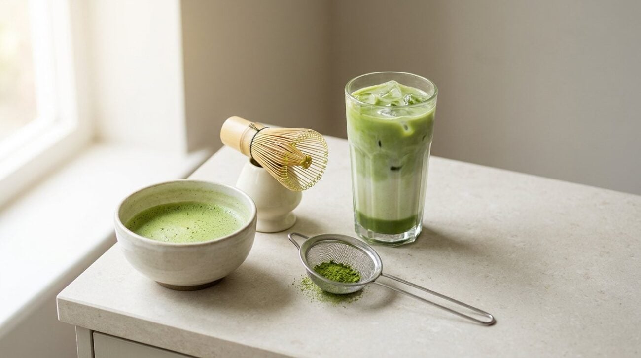 Bowl of whisked matcha with a bamboo whisk, sieve of matcha powder and an iced matcha latte on a café counter